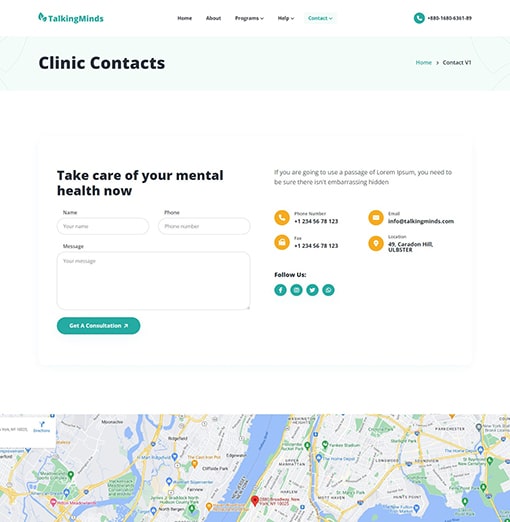 Clinic Contacts - Talking Minds – Psychotherapist PHP Template