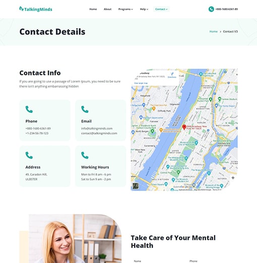 Сontact Details - Talking Minds – Psychotherapist PHP Template