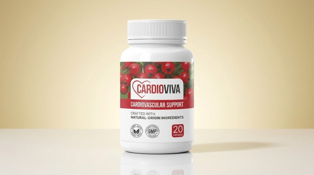 CardioViva Review : A bottle of CardioViva SK capsules designed for natural blood pressure stabilization and cardiovascular support.