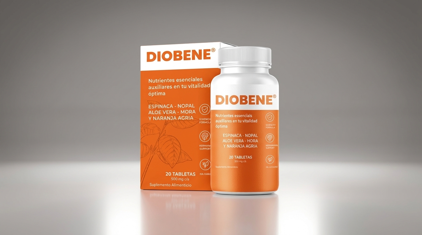 Diobene Revisar:Frasco oficial del suplemento Diobene para el control natural de la diabetes tipo 2 con extracto de opuntia.