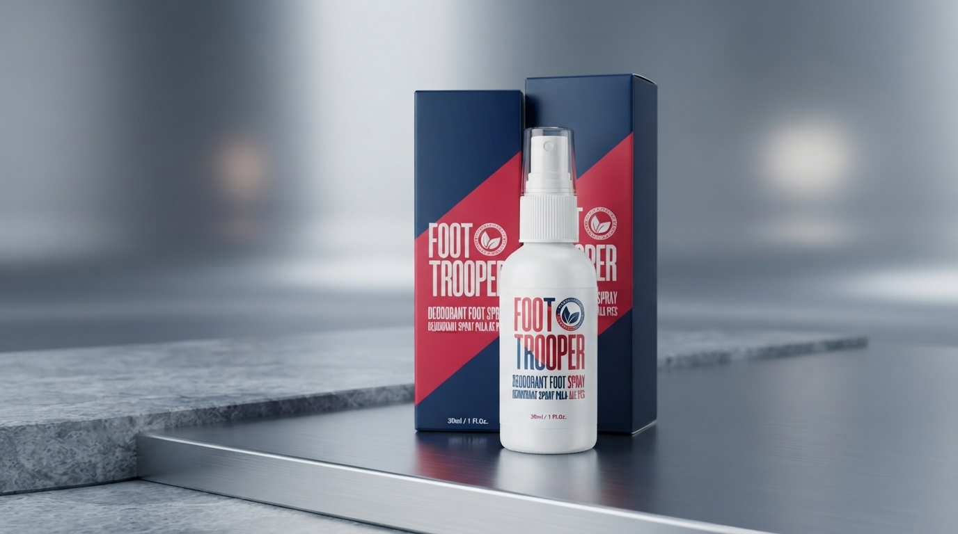 Foot Trooper Review: A professional bottle of Foot Trooper antifungal spray with its official military-grade packaging.