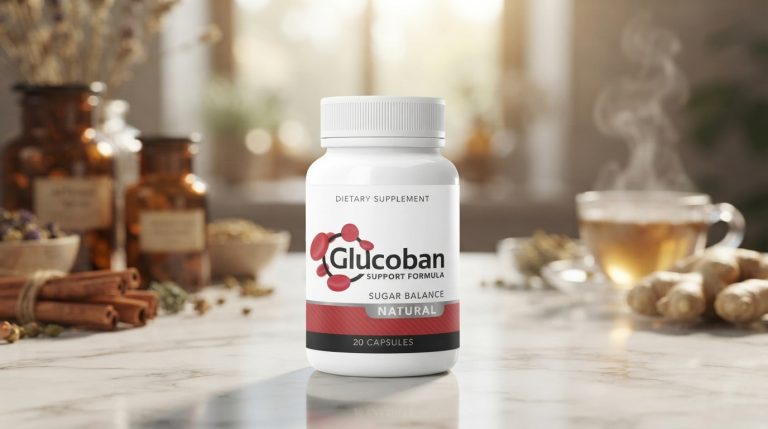 Glucoban Review: A bottle of Glucoban supplement placed next to fresh green herbs and a blood glucose meter.