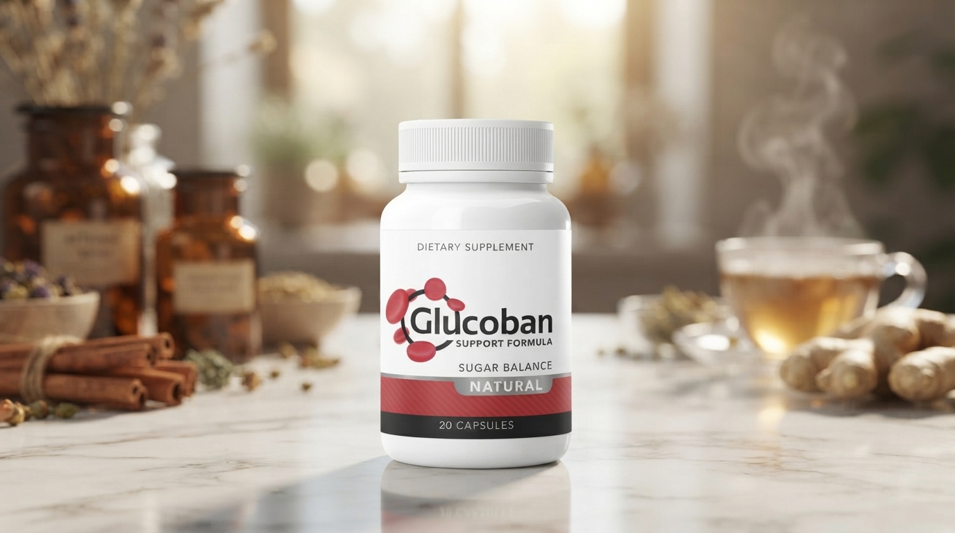Glucoban Review: A bottle of Glucoban supplement placed next to fresh green herbs and a blood glucose meter.