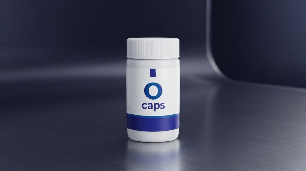 O Caps Рецензија: Pakovanje O Caps kapsula za prirodnu obnovu vida na stolu pored svežeg povrća.