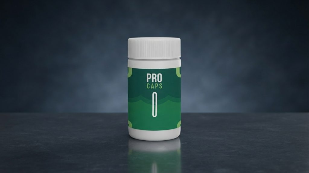 Pro Caps Ревю: Бутилка Pro Caps върху дървена маса с натурални съставки за здраве на простатата.