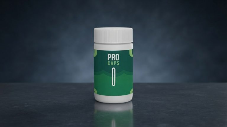 Pro Caps Ревю: Бутилка Pro Caps върху дървена маса с натурални съставки за здраве на простатата.