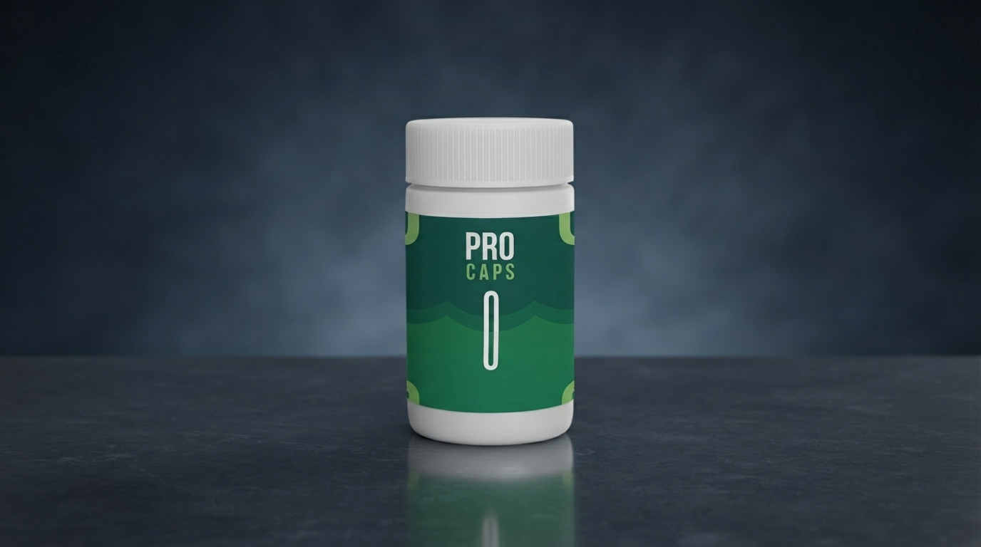 Pro Caps Ревю: Бутилка Pro Caps върху дървена маса с натурални съставки за здраве на простатата.
