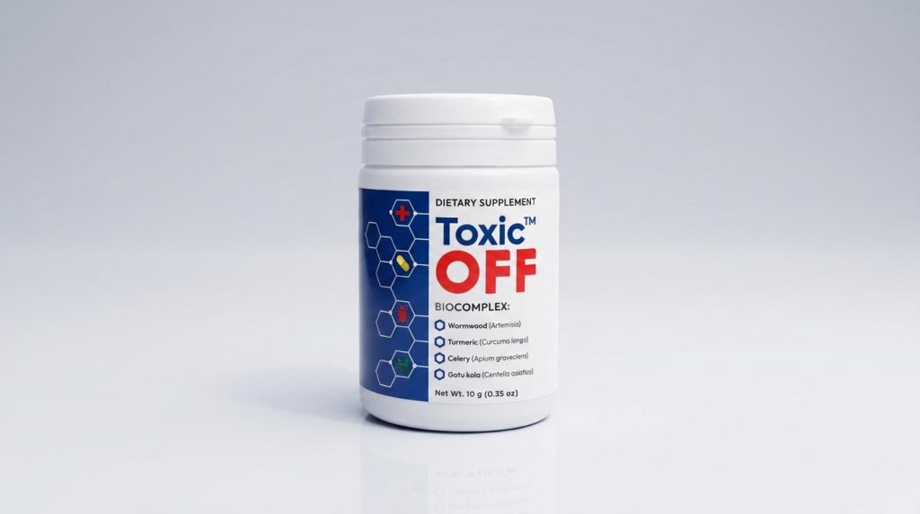 Una caja de cápsulas de Toxic Off rodeada de ingredientes naturales para la eliminación de parásitos y salud digestiva.