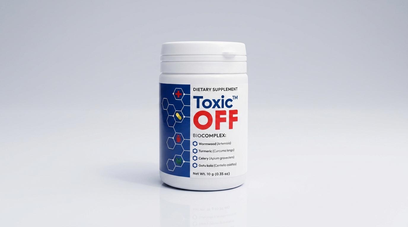 Una caja de cápsulas de Toxic Off rodeada de ingredientes naturales para la eliminación de parásitos y salud digestiva.