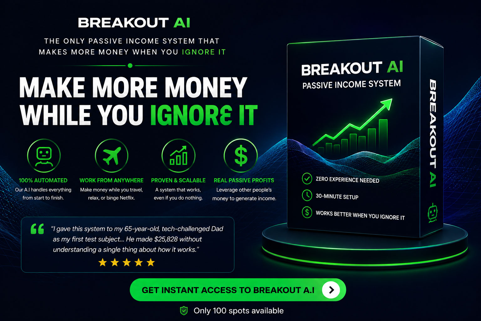 Breakout AI Review: High-tech visualization of the Breakout Extraction AI scanning global financial markets for opportunities.