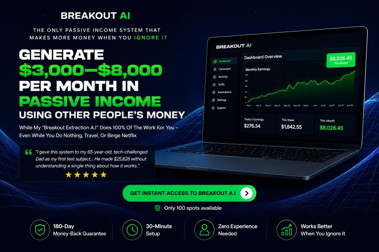 Breakout AI Review: A professional digital interface showing the Breakout AI dashboard with consistent profit growth charts.