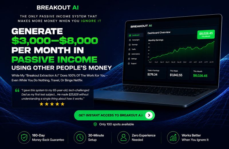 Breakout AI Review: A professional digital interface showing the Breakout AI dashboard with consistent profit growth charts.