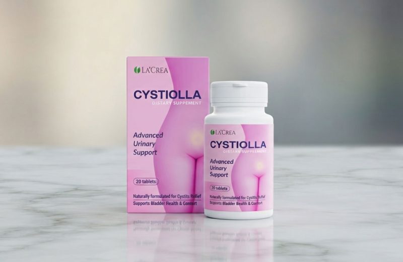 Revisión de Cystiolla: Frasco de Cystiolla rodeado de ingredientes naturales como arándanos y semillas de pomelo para la salud de la vejiga.