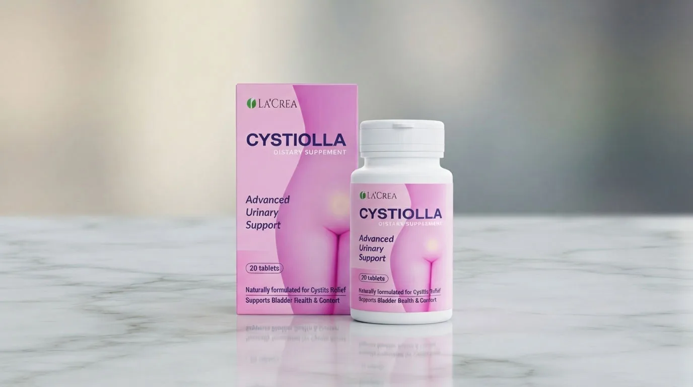 Revisión de Cystiolla: Frasco de Cystiolla rodeado de ingredientes naturales como arándanos y semillas de pomelo para la salud de la vejiga.