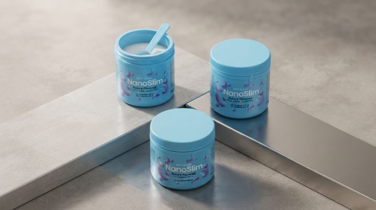 Nano Slim recensione: Flacone di Nano Slim circondato da estratti naturali di erbe e frutti per il dimagrimento.