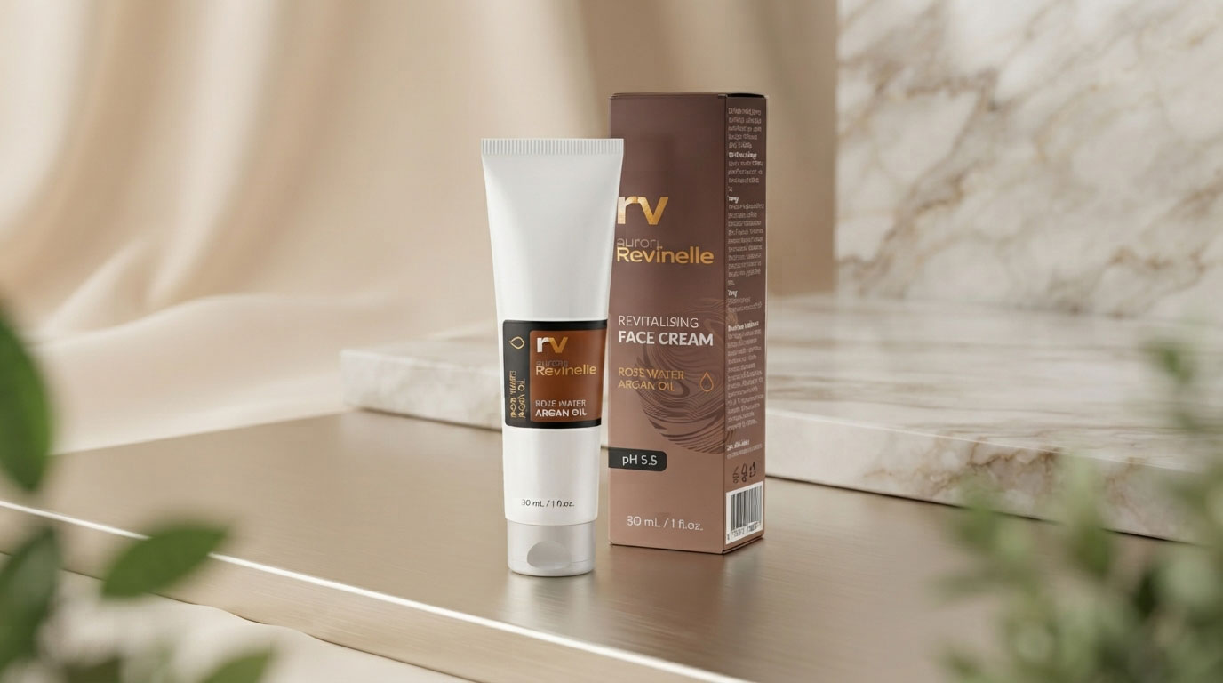 Recensione Revinelle: Flacone di Revinelle concentrato lifting accanto a ingredienti naturali come olio di argan e mandorle.