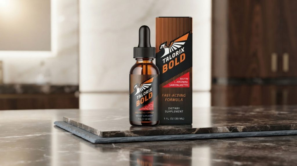 Talorix Bold Review: Το μπουκάλι Talorix Bold σε ένα σύγχρονο περιβάλλον υγείας που συμβολίζει την ανδρική δύναμη.