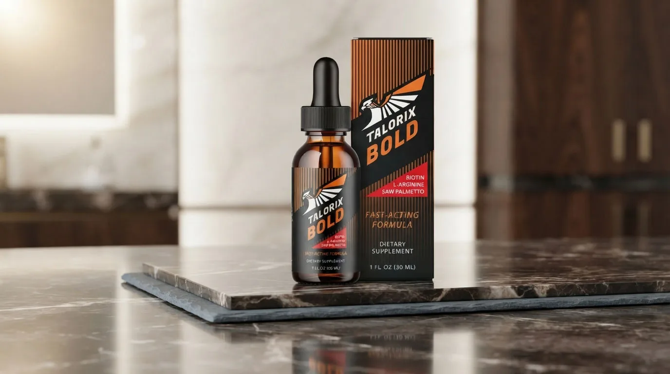 Talorix Bold Review: Το μπουκάλι Talorix Bold σε ένα σύγχρονο περιβάλλον υγείας που συμβολίζει την ανδρική δύναμη.