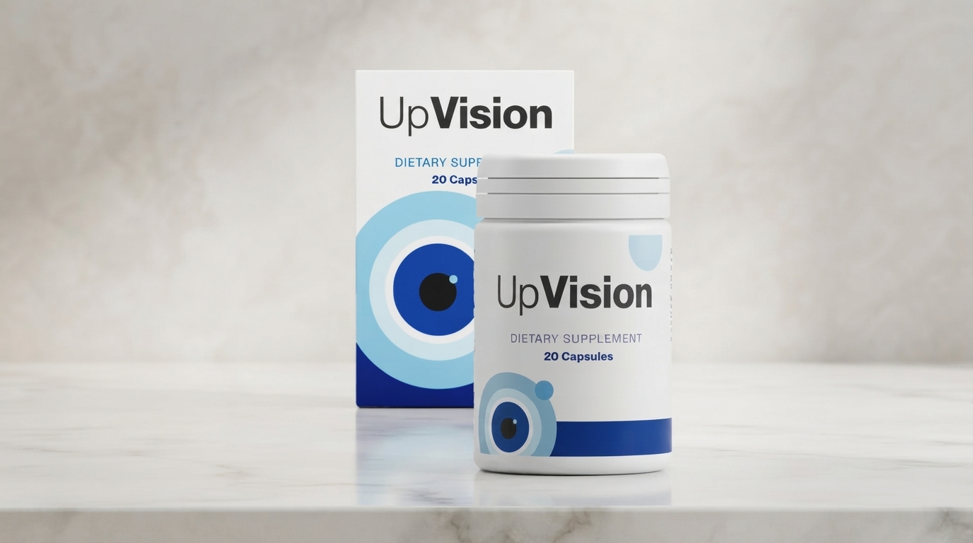 Upvision Vélemények: Egy professzionális szemészeti termék, az Upvision doboza és egy egészséges emberi szem közeli képe.