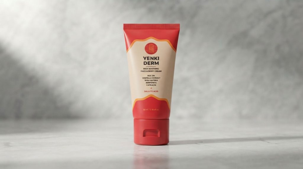 Yenki Derm Review: Un frasco de crema Yenki Derm rodeado de ingredientes naturales como cúrcuma y flores de manzanilla.