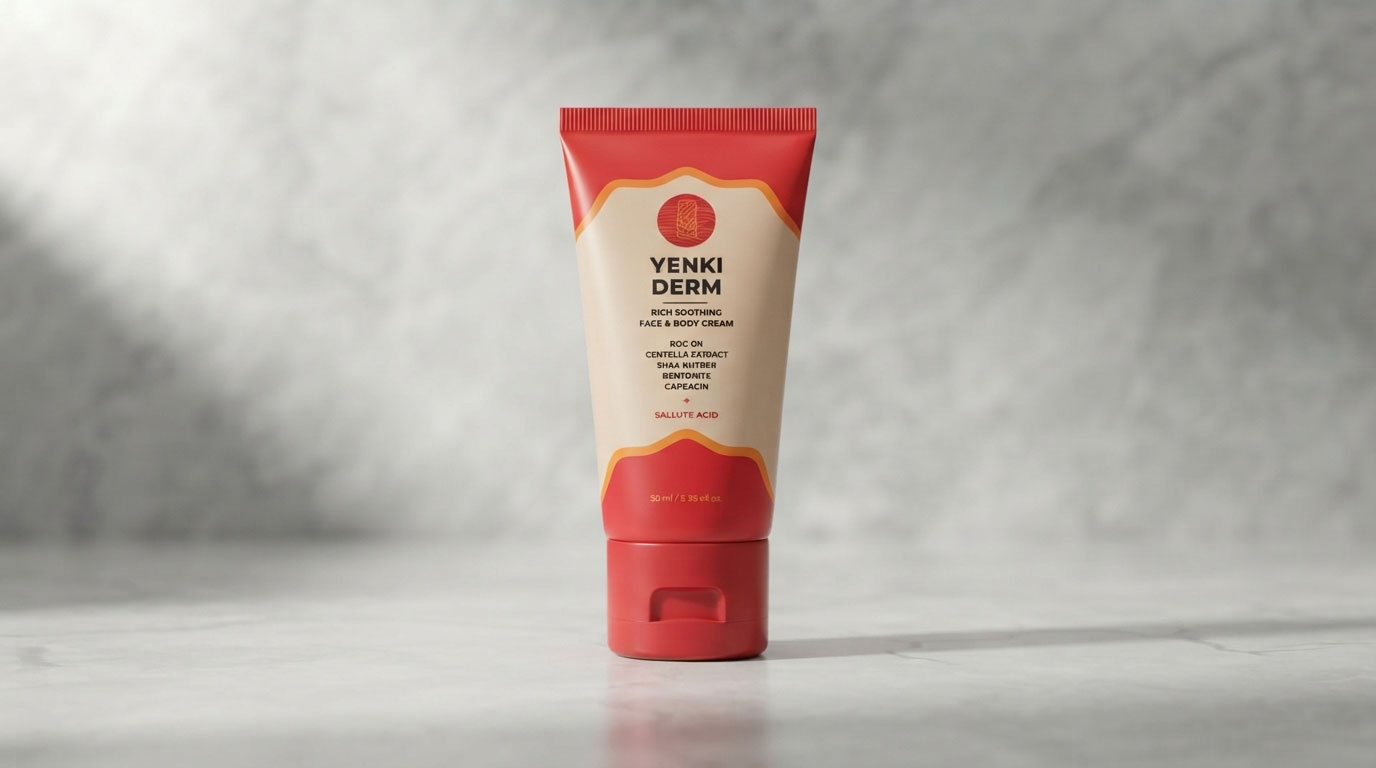 Yenki Derm Review: Un frasco de crema Yenki Derm rodeado de ingredientes naturales como cúrcuma y flores de manzanilla.